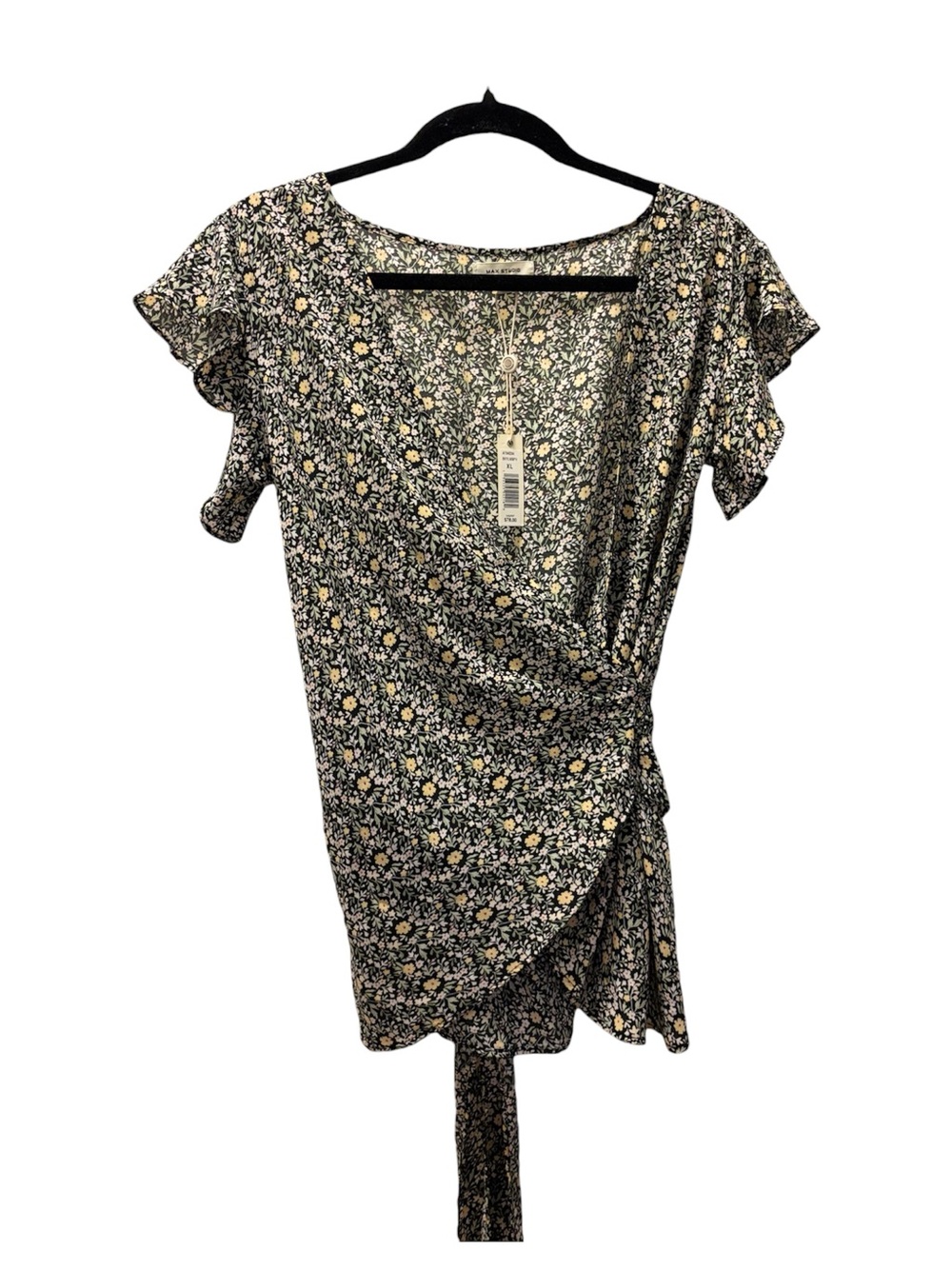 NWT Max Studio Floral Faux Wrap Top Black Yellow Flutter Sleeve Size XL *Read